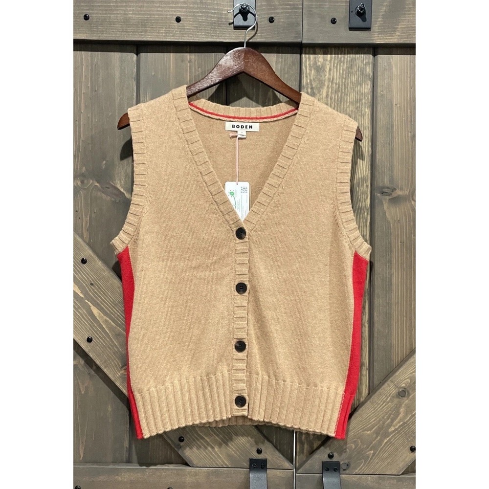 Boden Camel and Red Sleeveless Button Front Sweater Vest - Picture 4 of 11